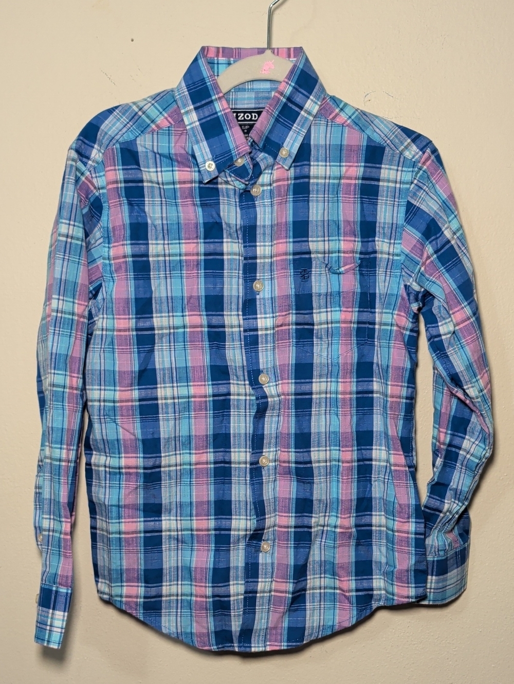 Izod Long-Sleeve Button-Down Shirt Blue Pink Plaid Preppy Boys Size S 8